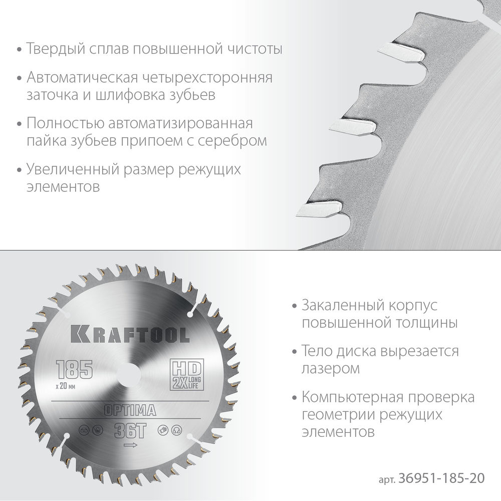 Пильный диск по дереву Optima, 185 х 20 мм, 36Т KRAFTOOL 36951-185-20
