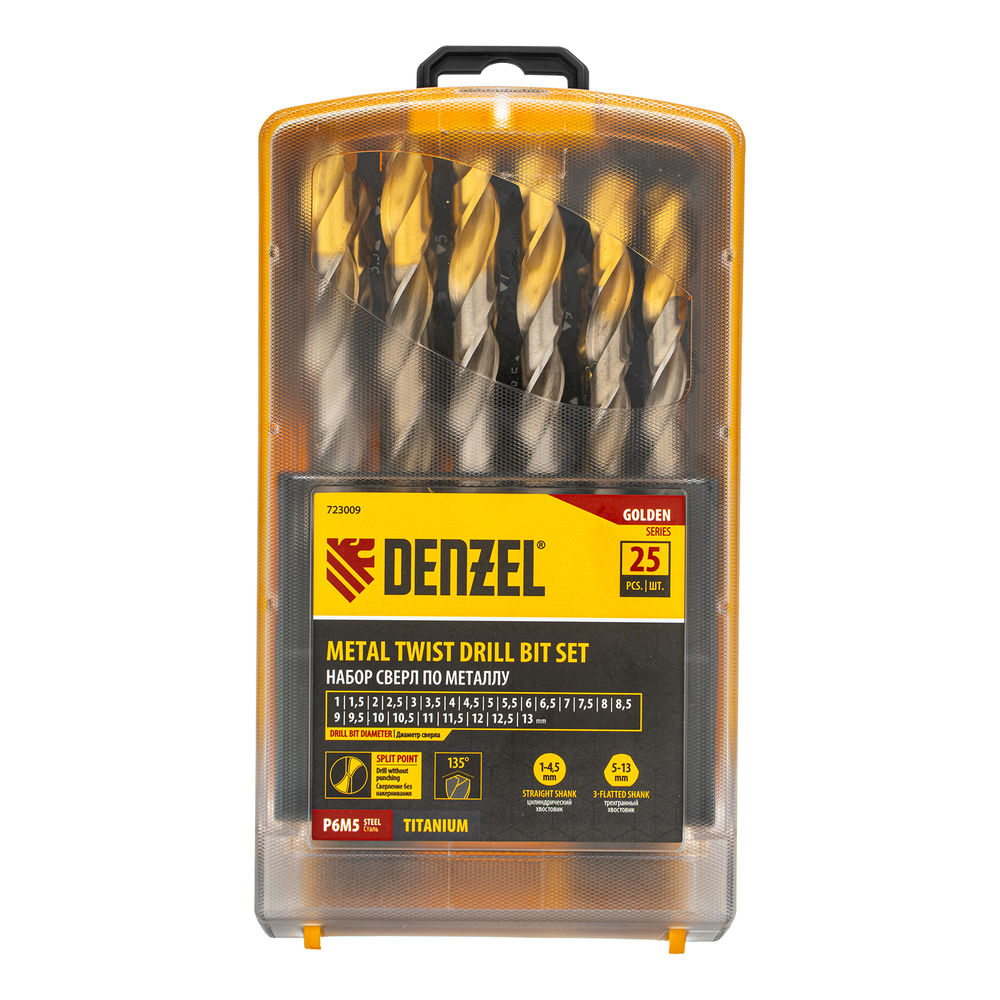 Набор сверл по металлу, 1-13 мм, Р6М5-TiN, Golden Tip, 25 шт Denzel (723009)