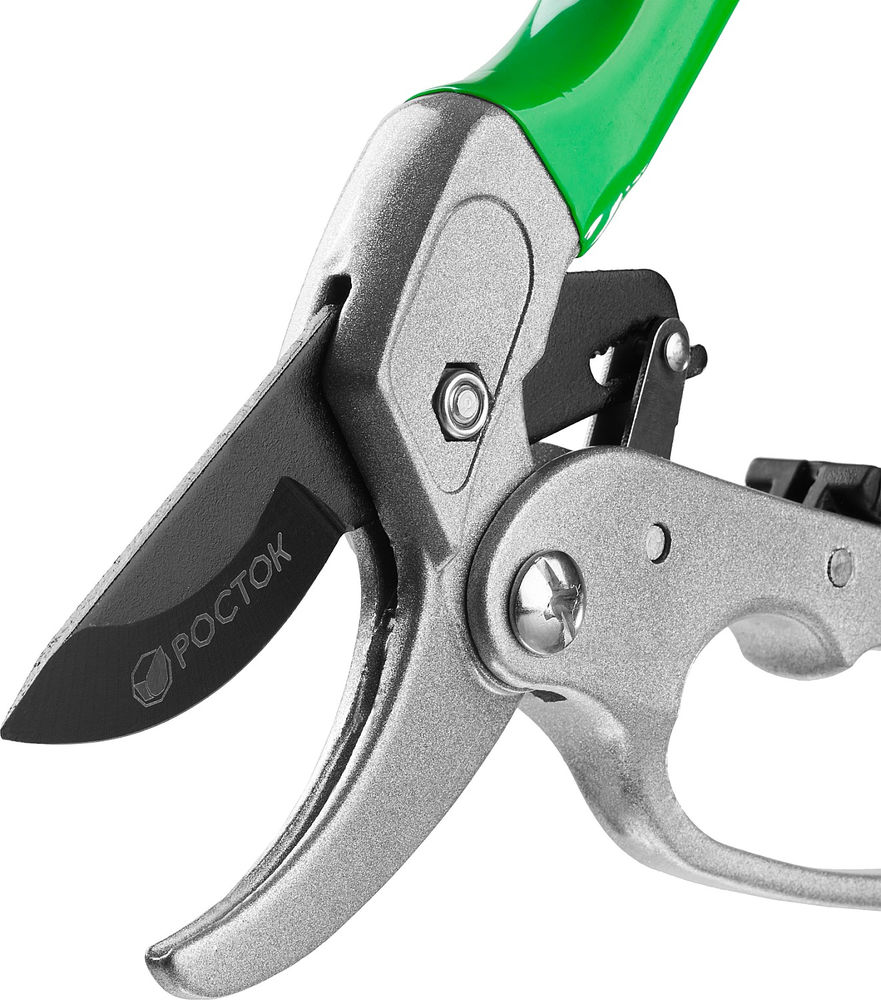Контактный секатор 200 мм, углеродистая сталь, храповый механизм, с эфесом, с алюминиевыми рукоятками, покрытие ПВХ РОСТОК PC-33 423008_z01