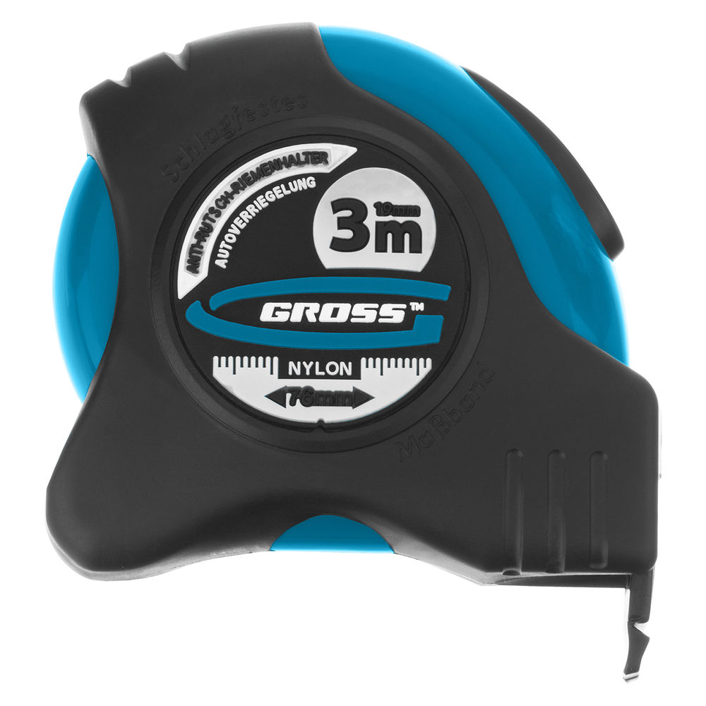 Рулетка Schlagfest,3 м x 19 мм,магнитный обрезиненный зацеп,двусторонняя шкала,Нейлоновое покрытие,автоматическая фиксация Gross