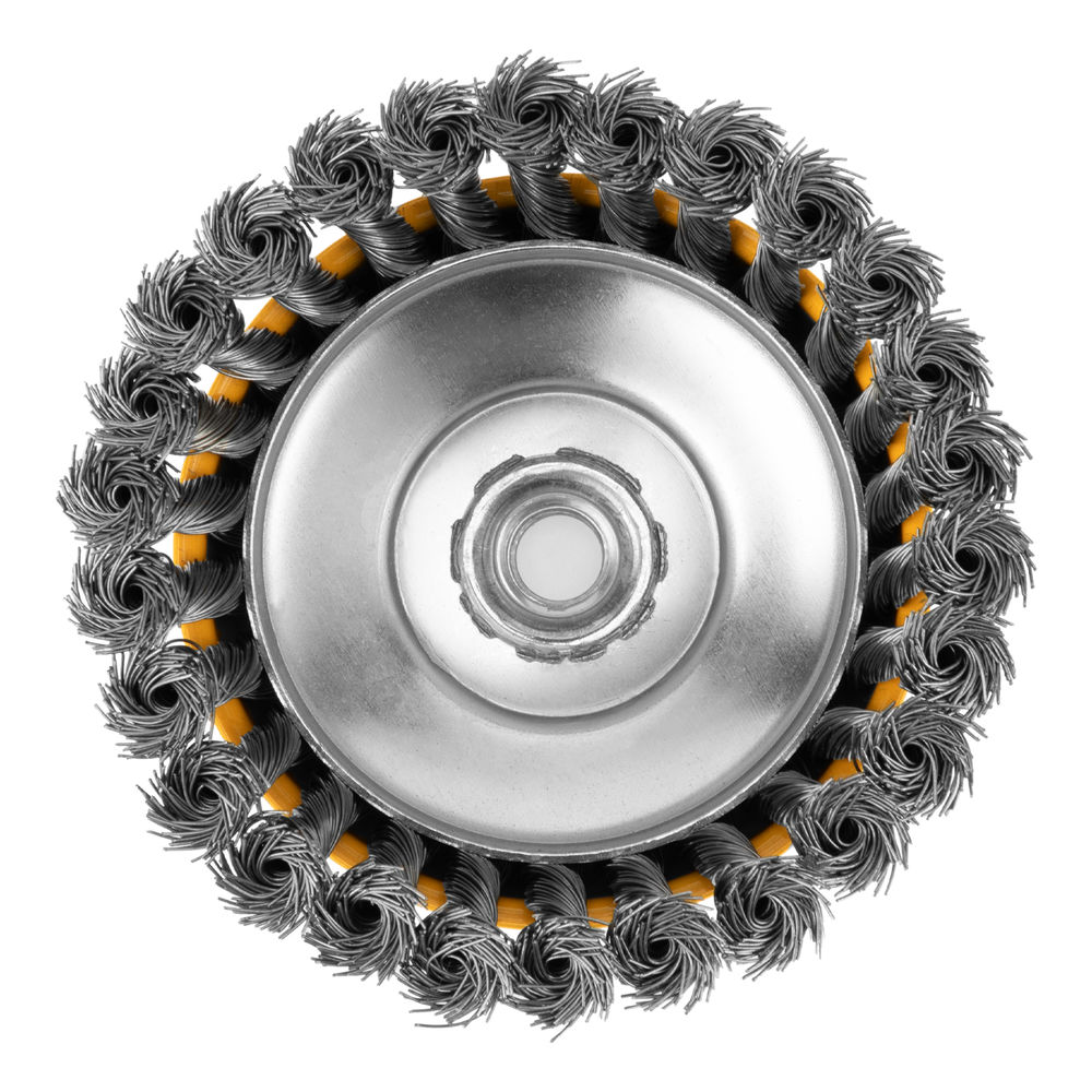 Щетка для УШМ, 125 мм, Чашка, крученая нержавеющая проволока 0.5 мм, М14 Denzel (746273)