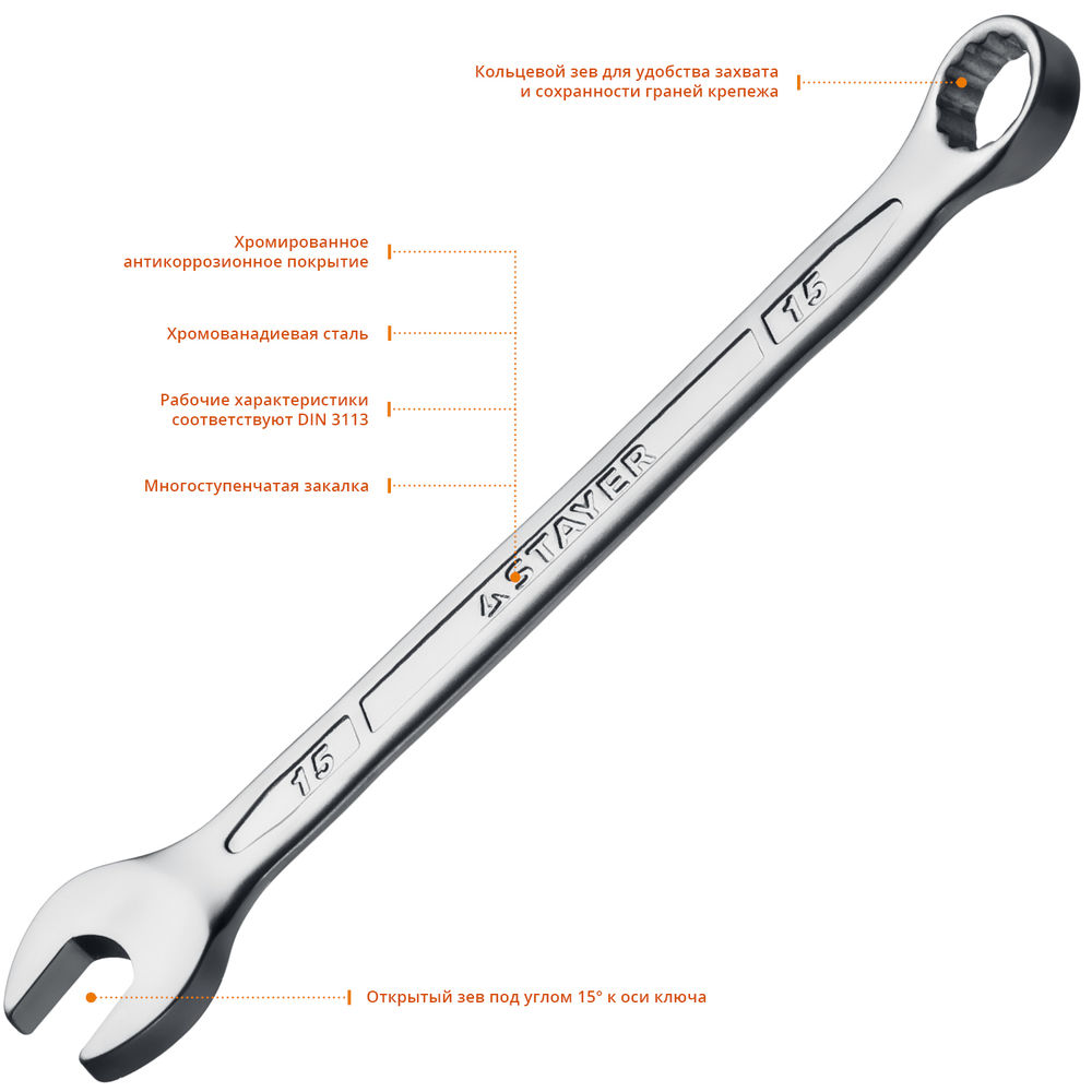 Ключ гаечный комбинированный 15 мм HERCULES Professional STAYER 27081-15