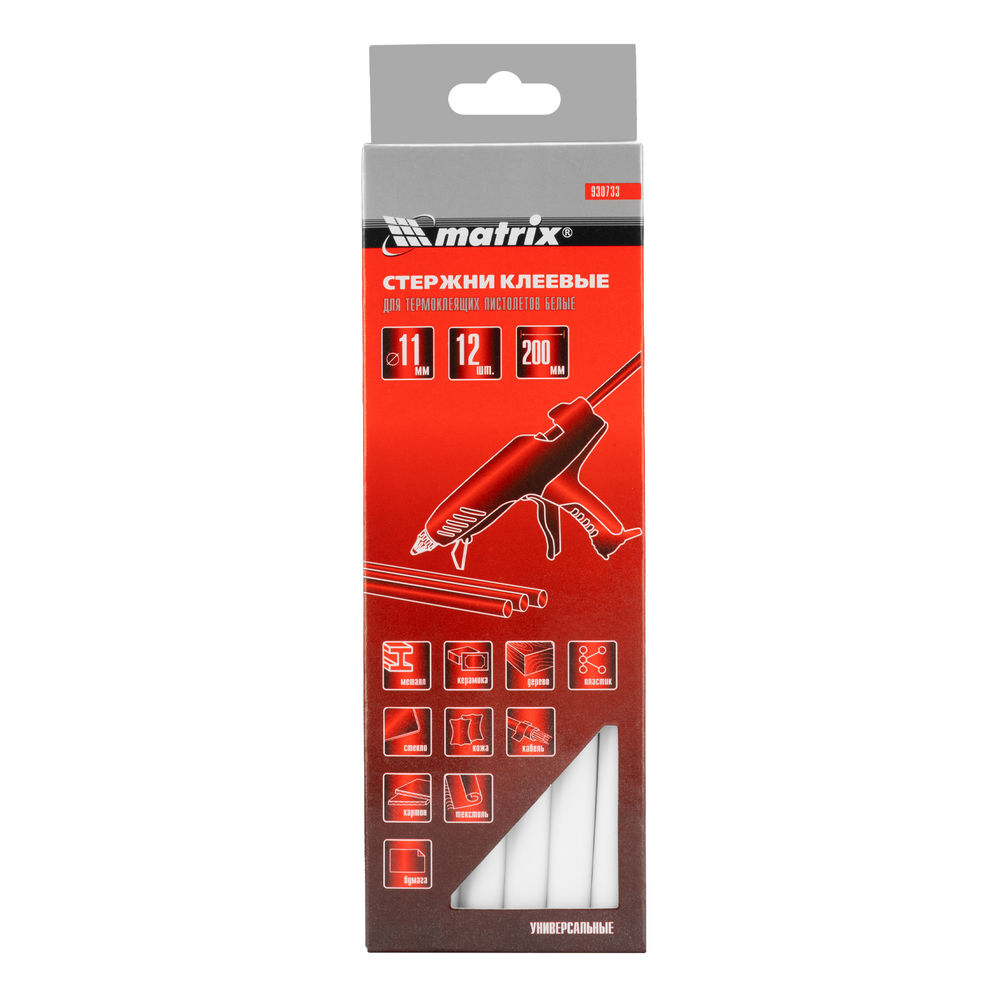 Стержни клеевые, белый, 11 х 200 мм, в упаковке 12 шт Matrix (930733)