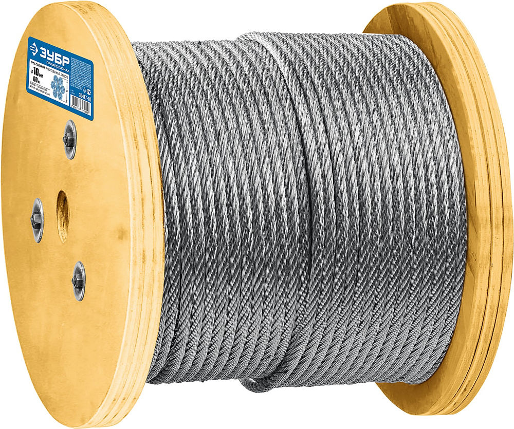 Грузоподъемный стальной трос 10 мм, L 60 м, свивка 6 x 37 + IWR ЗУБР DIN 3066 Профессионал 30417-10