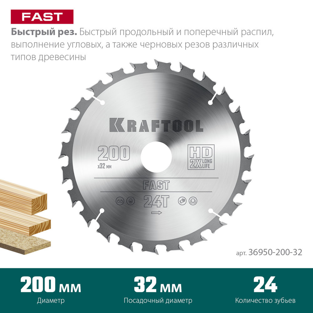 Пильный диск по дереву Fast, 200 х 32 мм, 24Т KRAFTOOL 36950-200-32