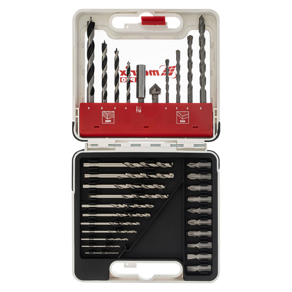 Набор сверл комбинированный, сверла по металлу 1-6 мм, бетону 4-8 мм, дереву 4-8 мм, биты 10 шт, адаптер, зенковка, 31 предмет Pro Matrix (725631)