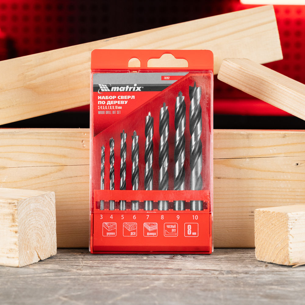 Набор сверл по дереву, 3-4-5-6-7-8-9-10 мм, 8 шт, цилиндрический хвостовиковик, пластиковый кейс, Matrix (70282)