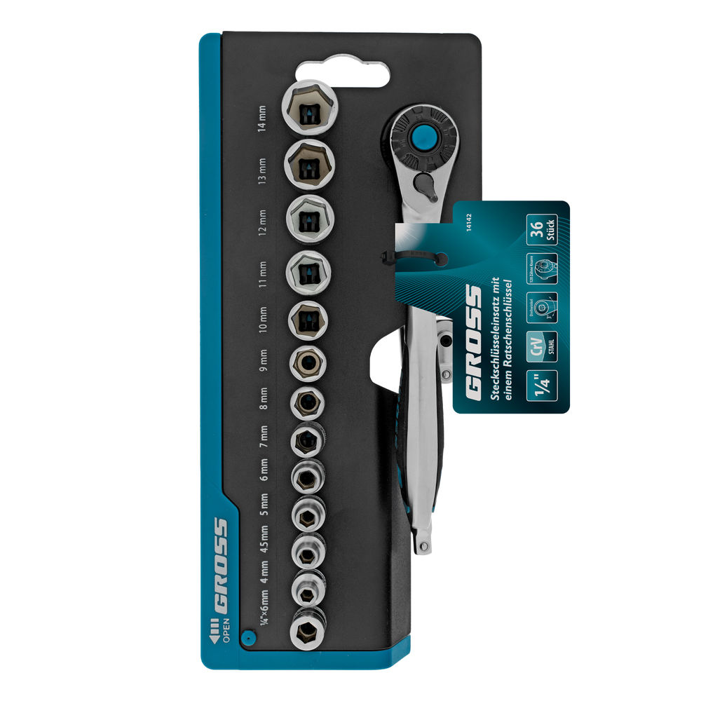 Набор торцевых головок, трещотка 120 зубьев, 1/4, CrV, 36 предметов Gross