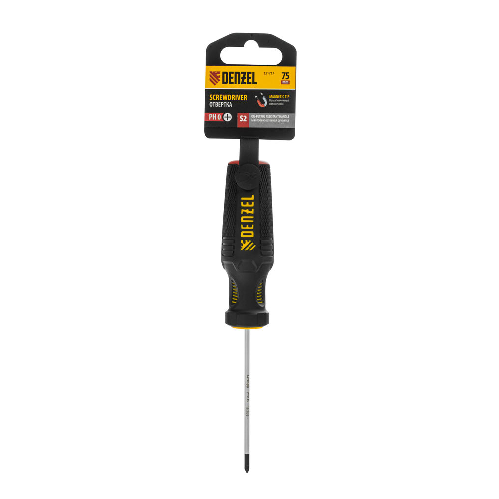 Отвертка, PH0х75 мм, S2, 3к рукоятка Denzel (121717)