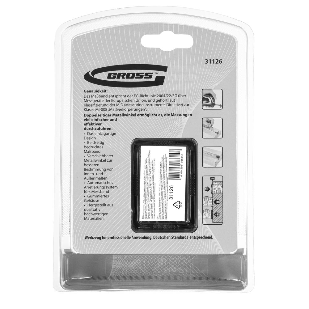 Рулетка Doppelhaken,10 м x 25 мм,двухсторонний зацеп,Нейлон,двусторонняя шкала,автоматическая фиксация Gross