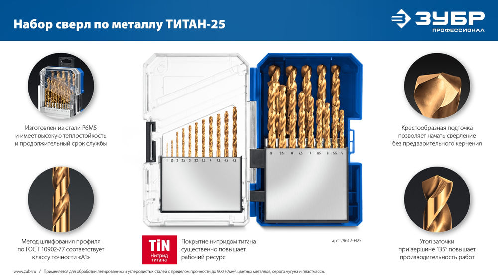 Набор сверл по металлу 25 шт (1-13 мм), сталь Р6М5, класс А, титановое покрытие, пласт.бокс ЗУБР ТИТАН 29617-H25