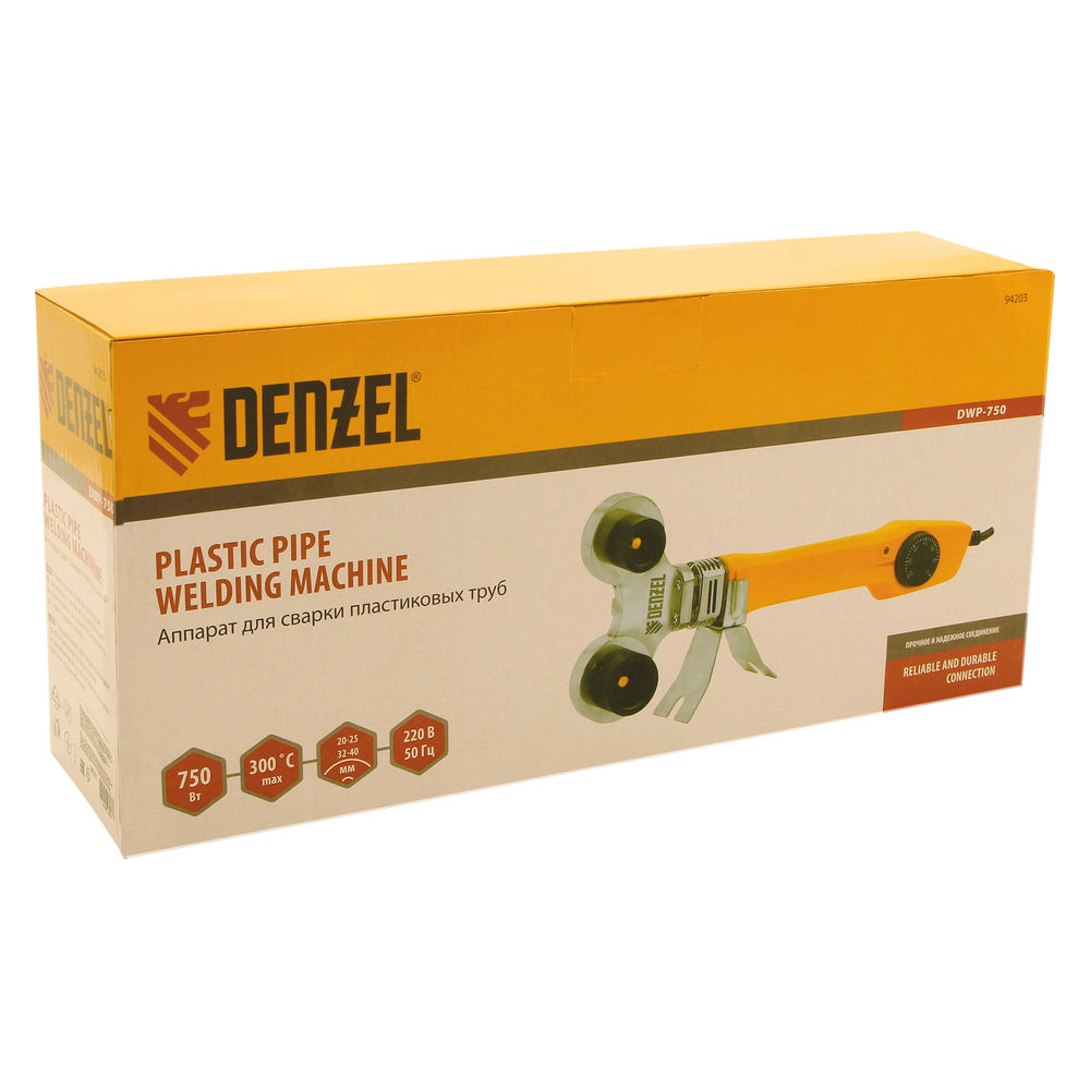 Аппарат для сварки пластиковых труб DWP-750, 750 Вт, 0-300 град, 4 насадки, 20-40 мм Denzel (94203)