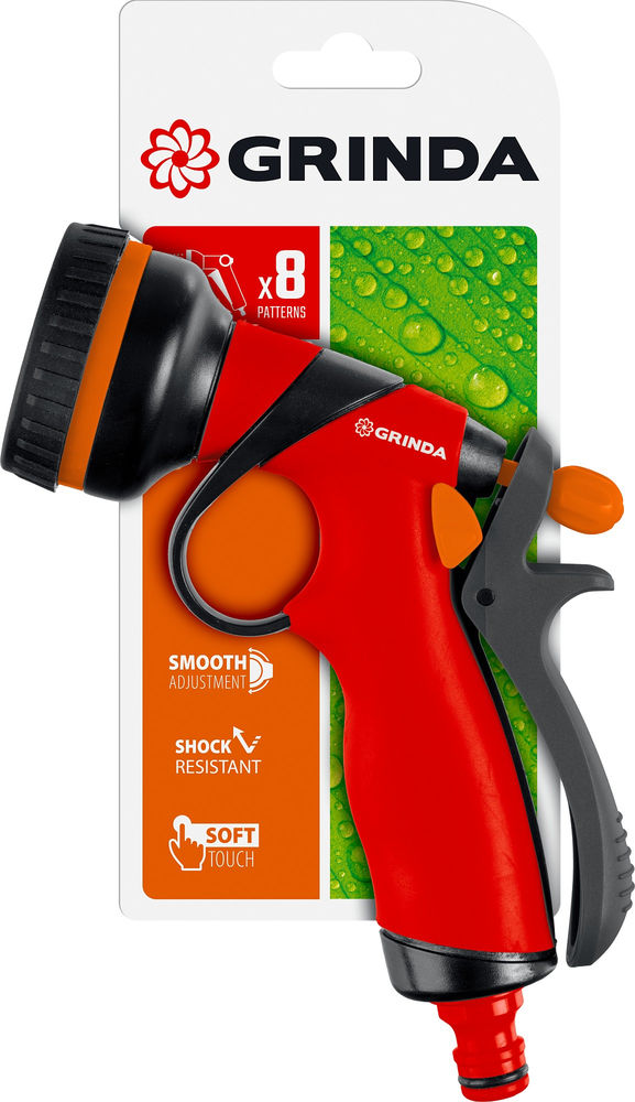 Поливочный пистолет T-8C, 8 режимов, курок сзади, пластиковый с TPR GRINDA 8-427183_z01