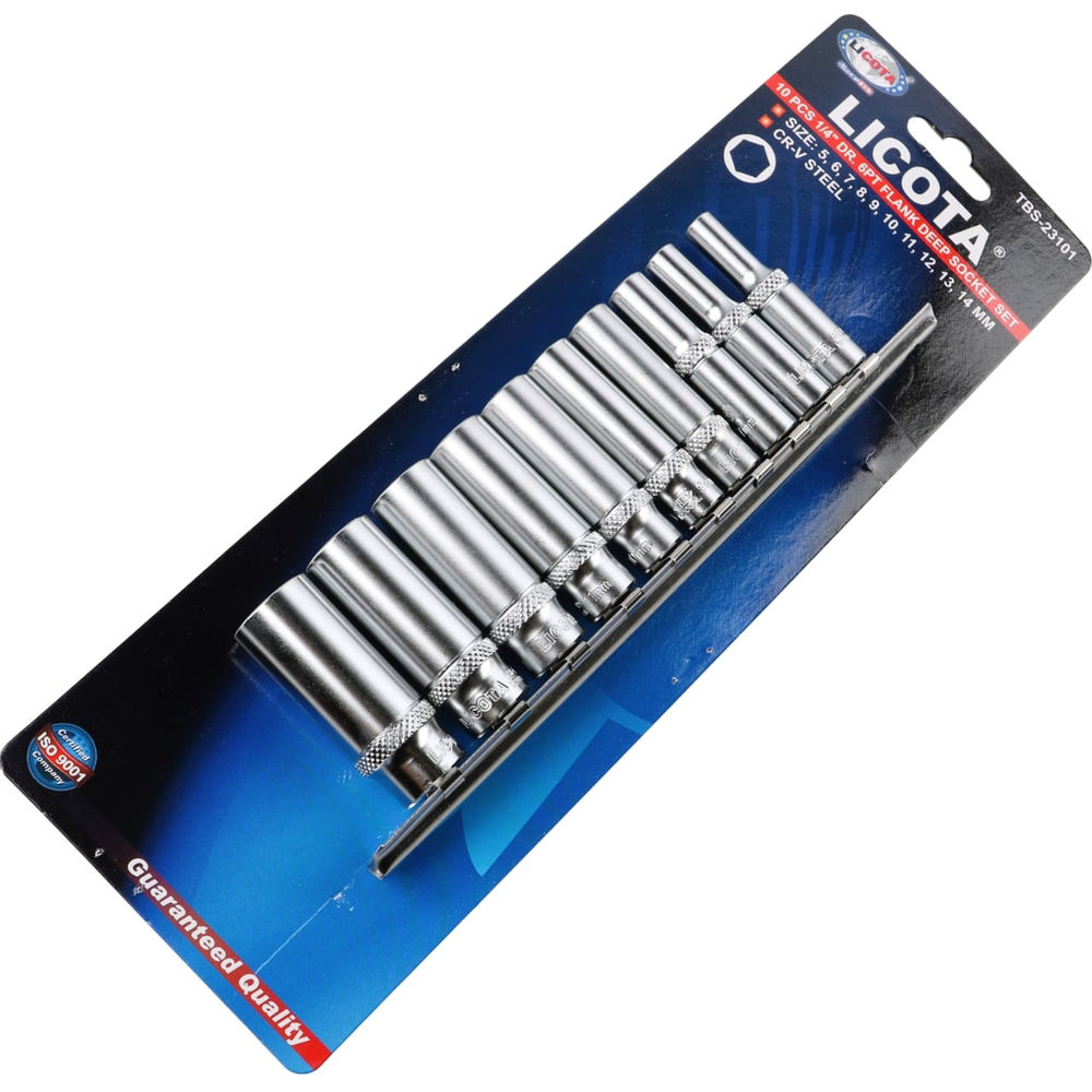 Набор глубоких торцевых головок 6-ти гранных 10 пр. на линейке, 5-14 мм 1/4 Licota TBS-23101