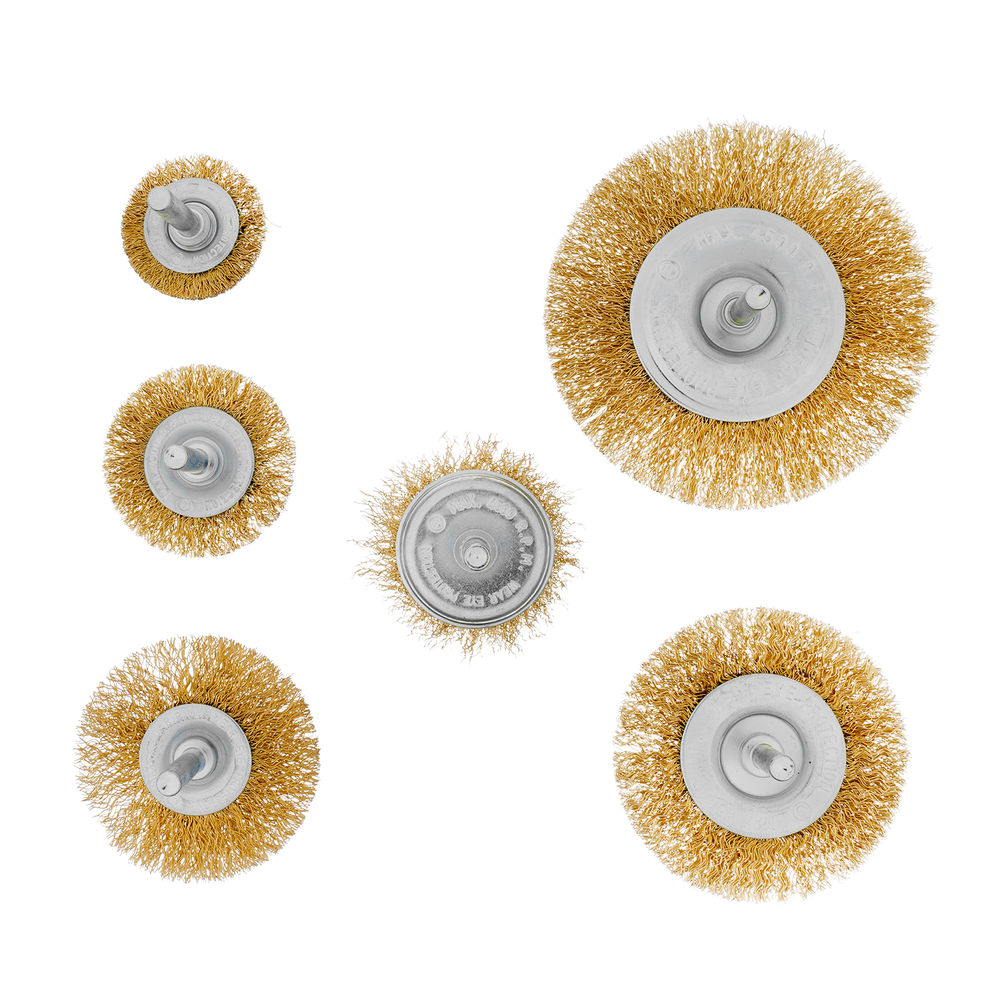 Набор щеток для дрели, 6 шт, 5 плоских 40-50-65-75-100 мм + 1 чашка 50 мм, со шпильками Matrix (74496)