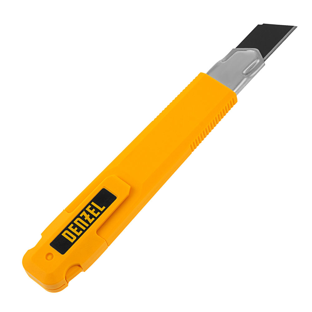 Нож, 18 мм, сменное лезвие, SK4, метал. направляющая, клипса, нажимной фиксатор Denzel (78940)