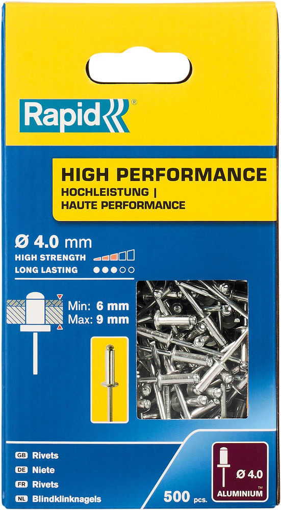 Алюминиевая высокопроизводительная заклепка R:High-performance-rivet, 4.0 х 12 мм, 500 шт RAPID 5001434