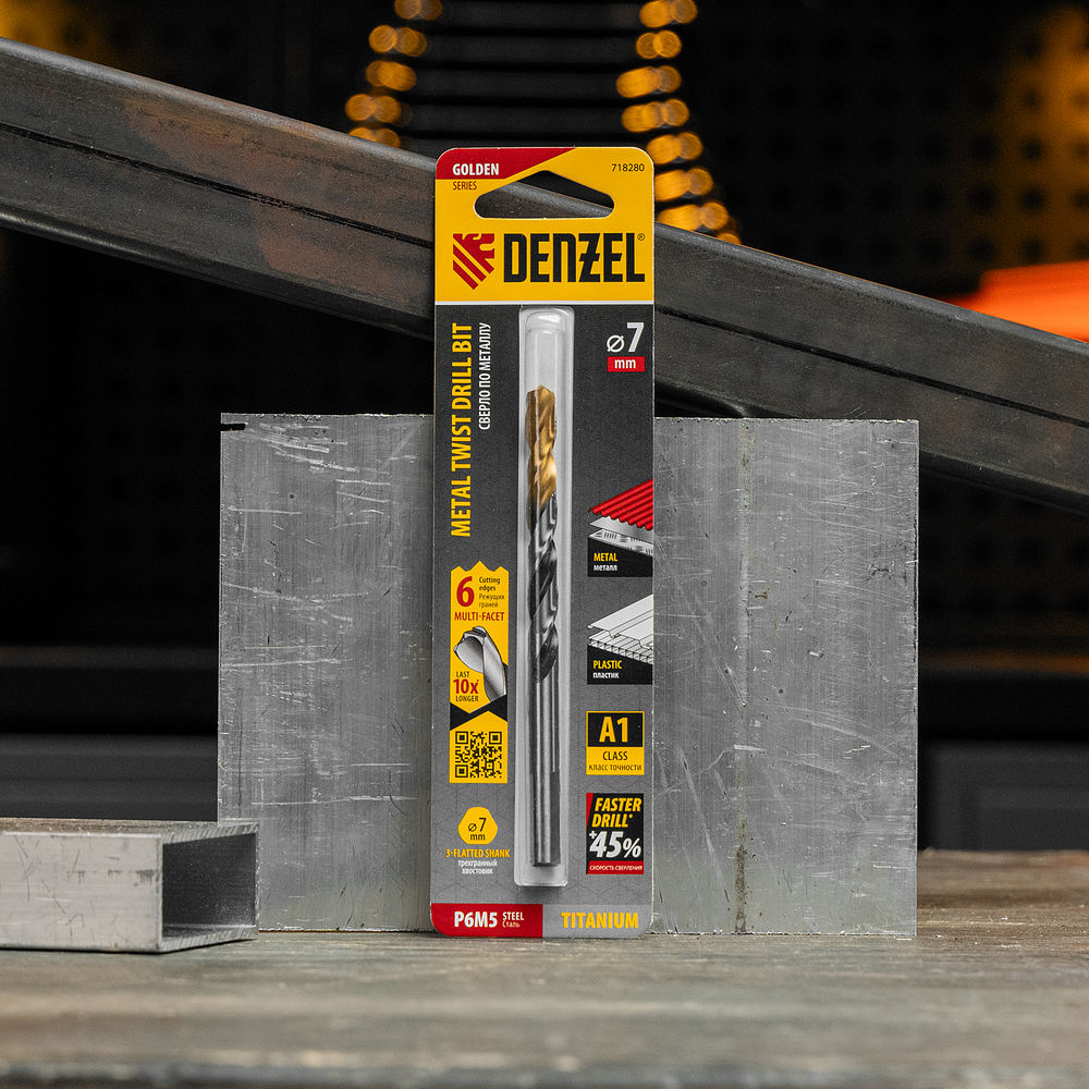 Сверло спиральное по металлу 7,0 x 109мм, Р6М5, Golden Tip, многогранная заточка Denzel (718280)