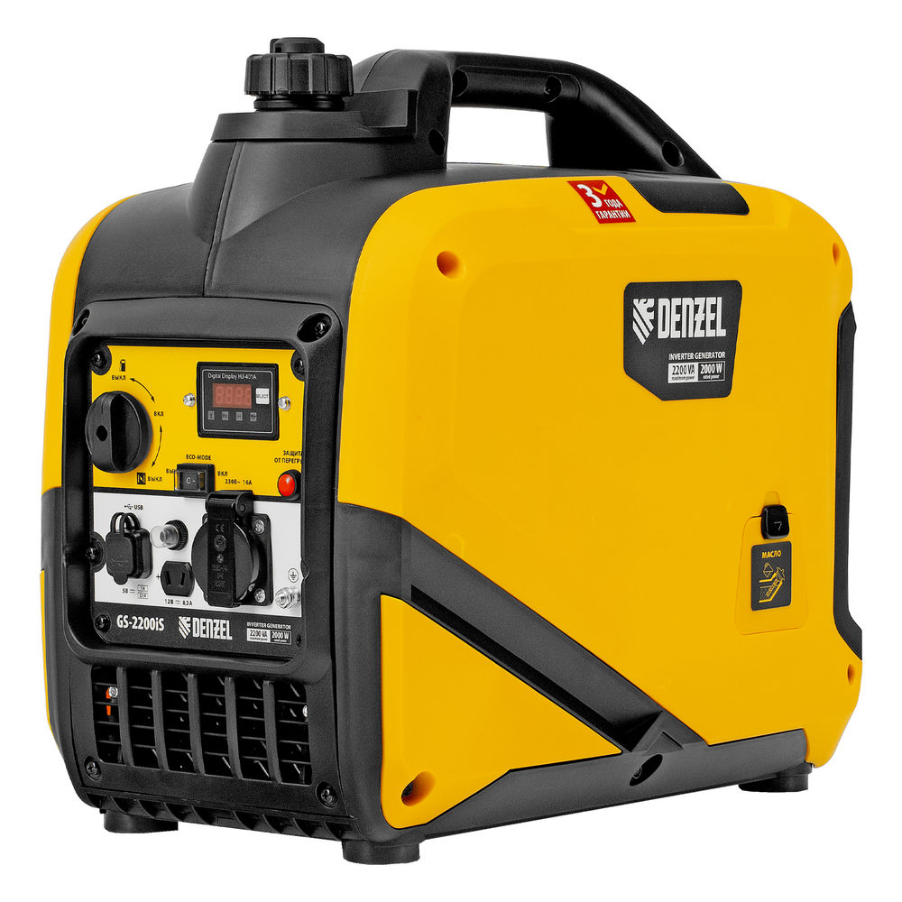 Генератор инверторный GS-2200iS, 2,2 кВт, 230 В, закрытый корпус, ручной старт DENZEL (94713)