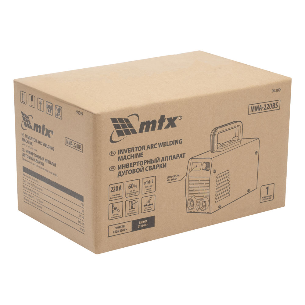 Инверторный аппарат дуговой сварки MMA-220BS, 220 А, ПВ 60% MTX (94399)