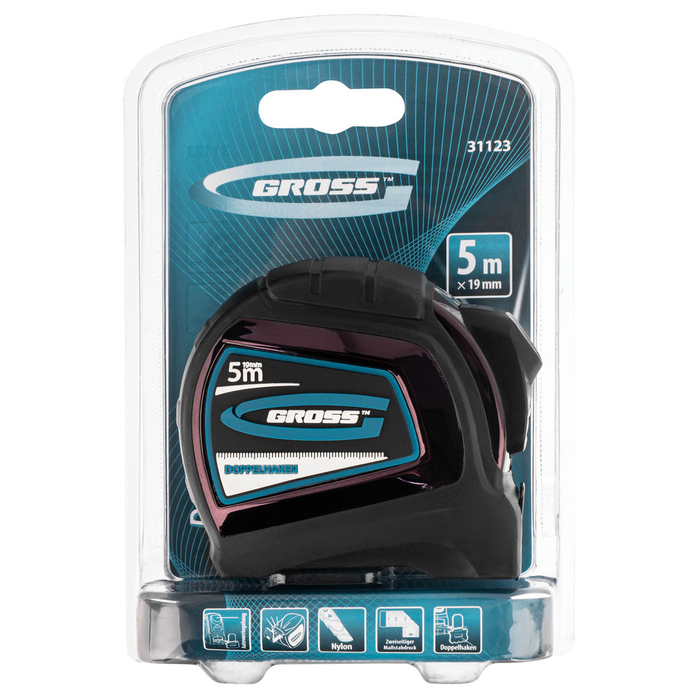 Рулетка Doppelhaken,5 м x 19 мм,двухсторонний зацеп,Нейлон,двусторонняя шкала,автоматическая фиксация Gross