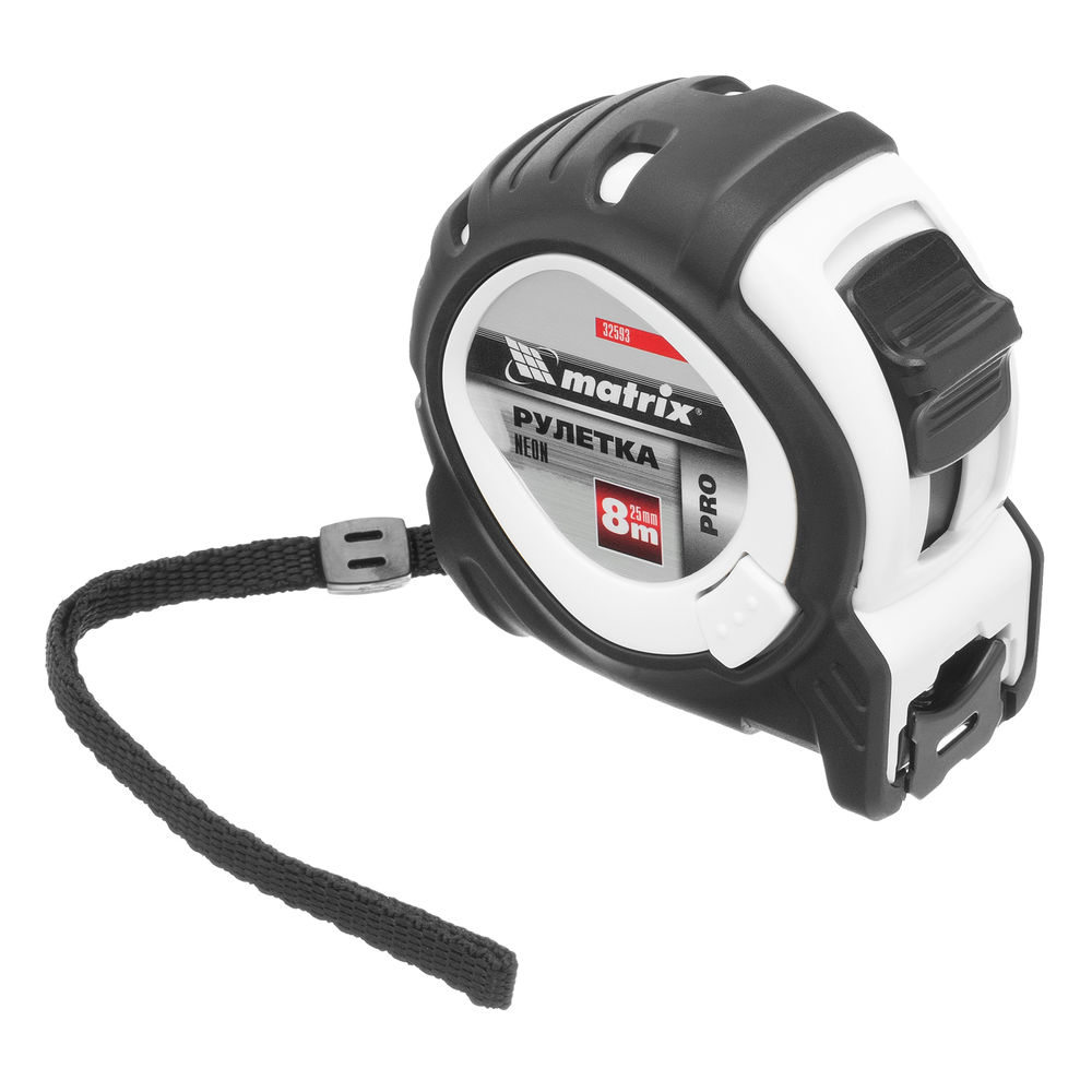 Рулетка Neon,8 м x 25 мм,обрезиненный корпус,3 фиксации,Pro Matrix