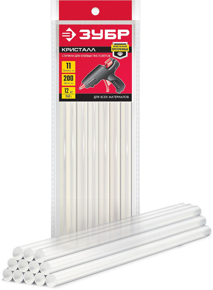Клеевые стержни 11?200 мм универсальные прозрачные 12 шт ЗУБР 06854-12