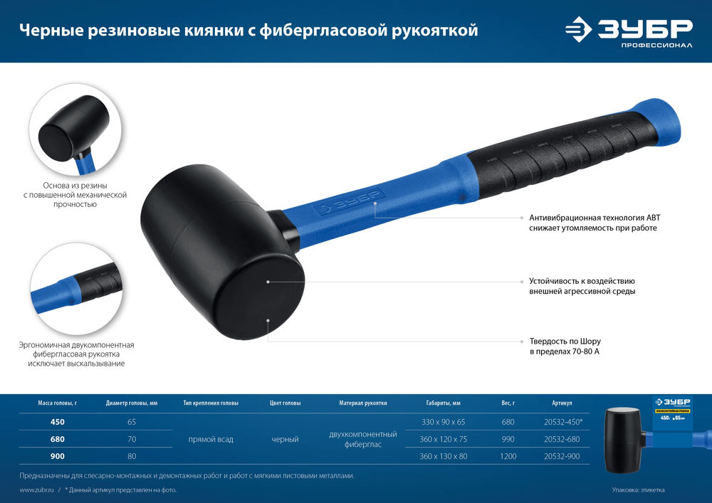 Киянка резиновая 450 г чёрная Профессионал ЗУБР 20532-450