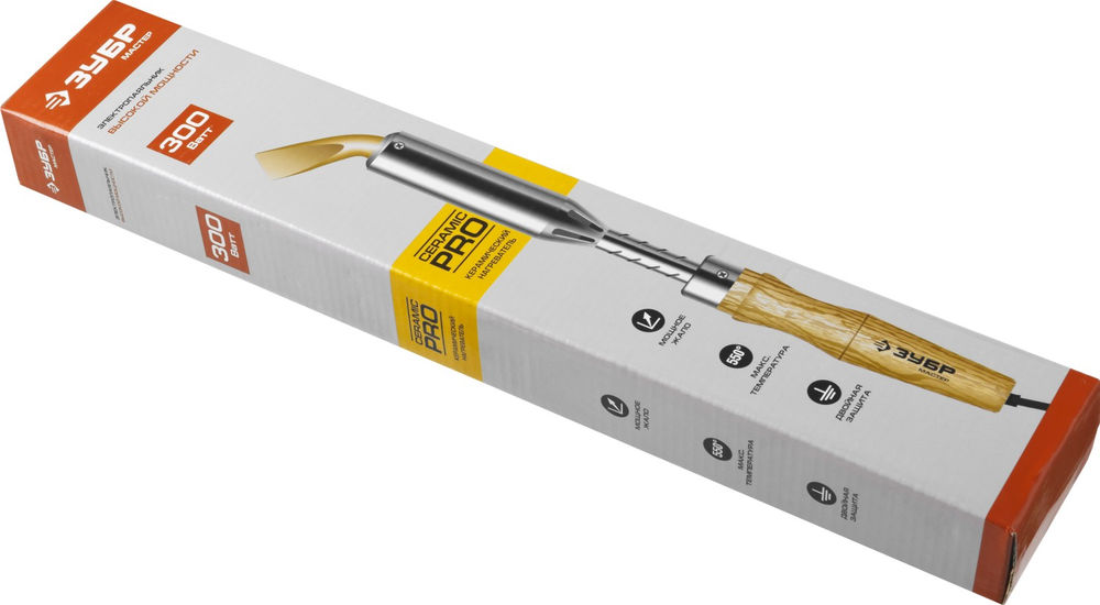 Электропаяльник Ceramic PRO 300 Вт, клин, высокомощный, деревянная рукоятка ЗУБР 55303-300