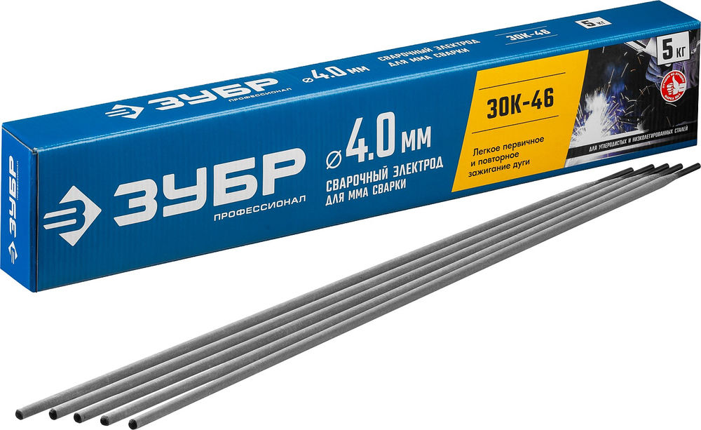 Электрод сварочный ЗОК-46 рутил-целлюлозный D 4.0 x 450 мм, 5 кг в коробке ЗУБР Профессионал 40035-4.0