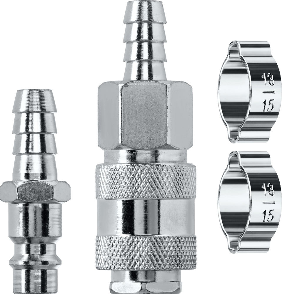 Набор (штуцер «елочка», 10 мм — рапид муфта) + (рапид штуцер-штуцер «елочка», 10 мм) + (обжимные хомуты 2 шт) KRAFTOOL 06599-10-H