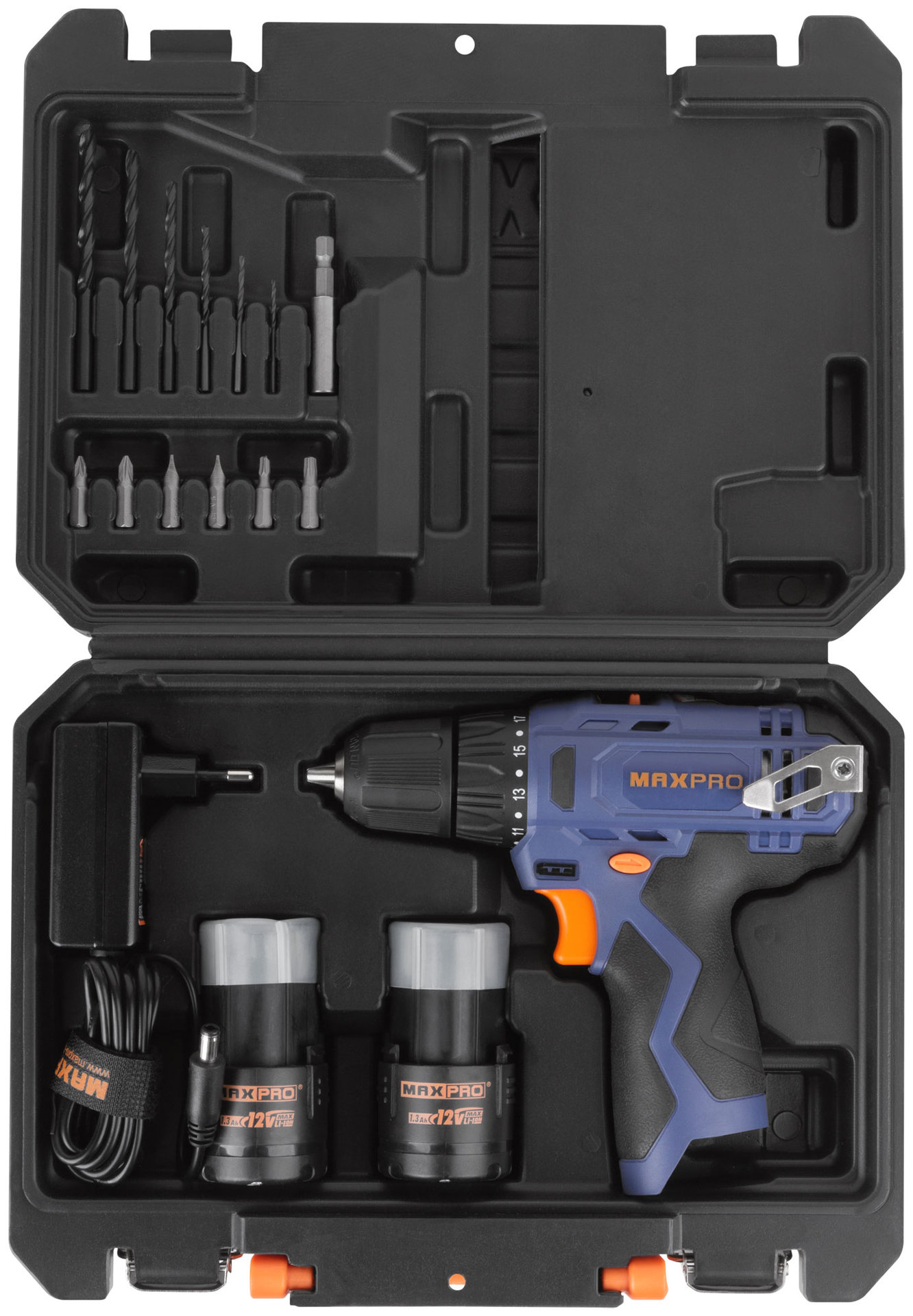 Дрель-Шуруповерт аккумуляторная 12 В; 0-350/0-1300 об/мин; 10 мм; 26 Нм; 2 батареи (Li-Ion) х1,3 Ач; 17+1; 1 ч.; регулировка оборотов MAX-PRO 85026