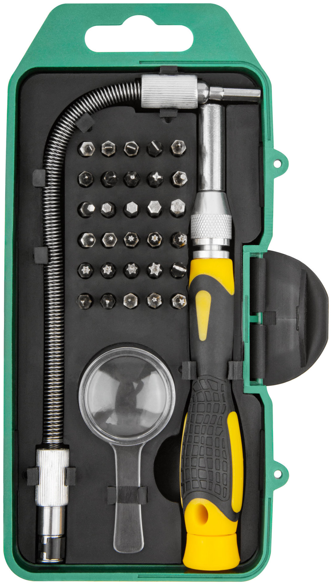 Отвертка с битами для точных работ, 30 CrV бит, гибкий переходник 190 мм, лупа, пластиковый бокс (56190)