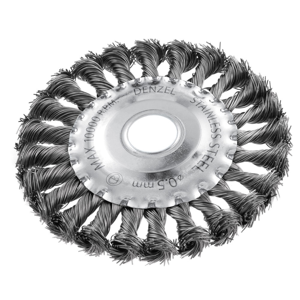 Щетка для УШМ, 125 мм, Плоская, крученая нержавеющая проволока 0.5 мм, посадка 22.2 мм Denzel (746323)