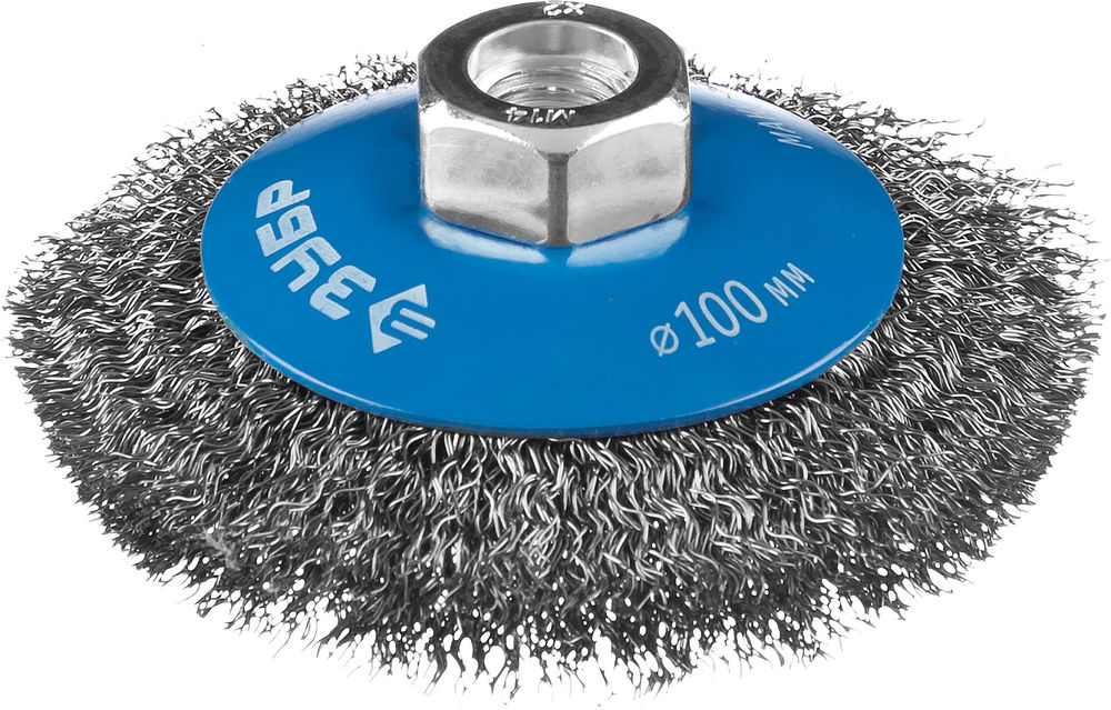 Щетка-крацовка коническая для УШМ 100 мм, витая стальная латунированная проволока 0.3 мм ЗУБР Профессионал 35265-100_z02