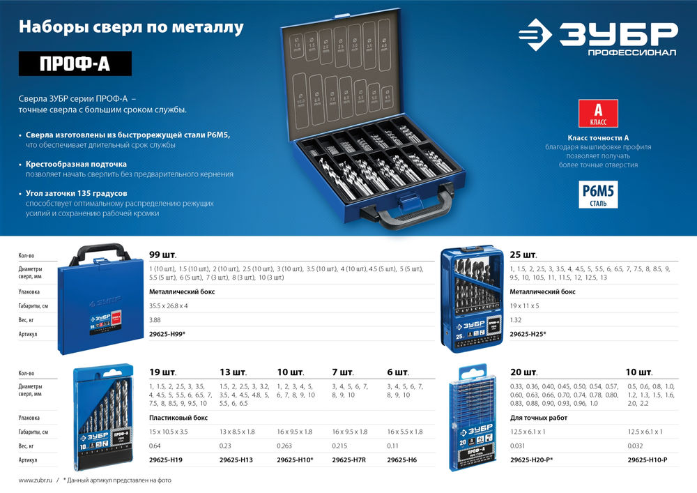 Набор сверл по металлу в мет. боксе 1.5-6.5 мм 13 шт сталь Р6М5 класс А ЗУБР ПРОФ-А Профессионал 29625-H13