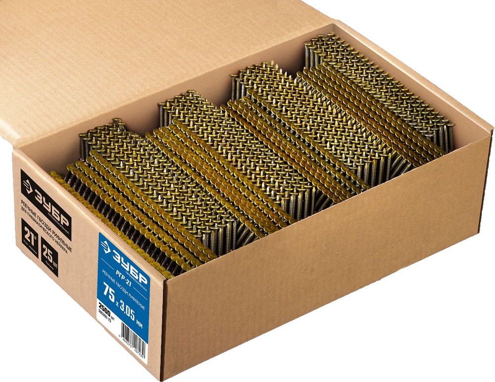 Гвозди реечные рифленые SN21 75 x 3.05 мм, 2500 шт ЗУБР 305392-75