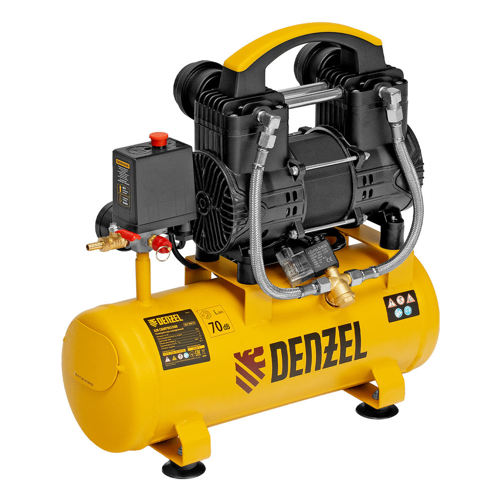 Компрессор безмасл. малошумный DLP-950/10, 950Вт,10 л, 2850 об/мин, 170 л/мин Denzel (58141)