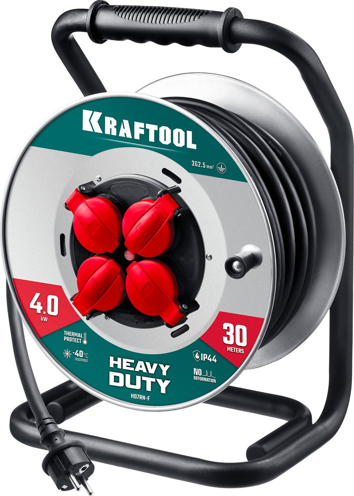 Силовой удлинитель на стальной катушке КГ 3х2.5 30м 4000Вт IP44, HEAVY DUTY KRAFTOOL 55086-30_z01