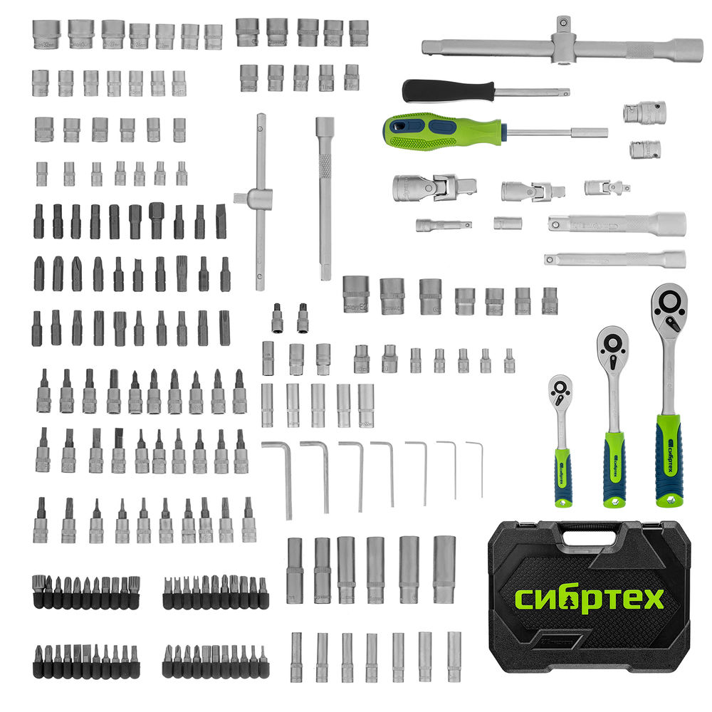 Набор инструментов, 1/2, 3/8, 1/4, пластиковый кейс 215 предм. Сибртех