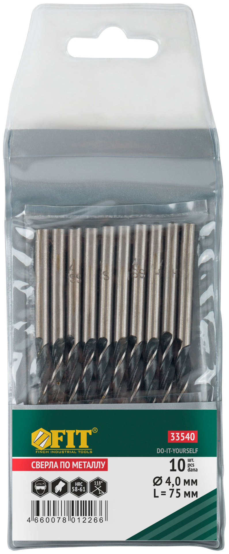 Сверла по металлу HSS черненые 4,0x75 мм (10 шт.) (33540)