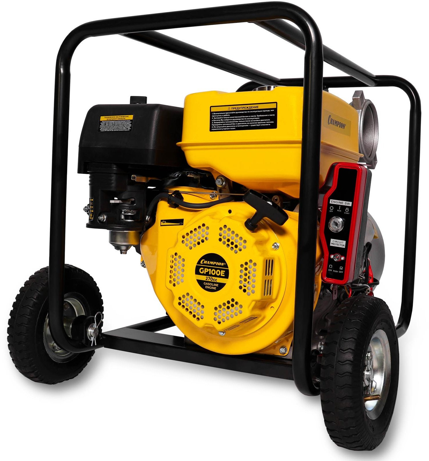 Мотопомпа CHAMPION GP100E (PRO, 4 1800л/мин 6/30 9лс 6,5л 50,1кг эл.стартер, колеса) (GP100E)