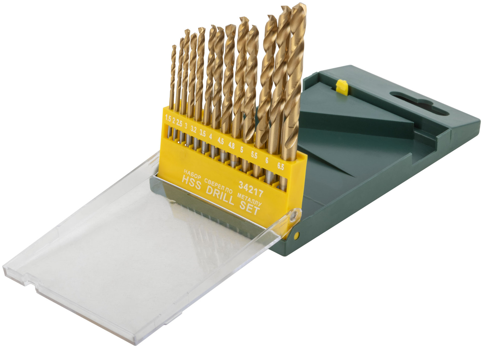 Набор сверл HSS по металлу, титановое покрытие, 13 шт. (1,5-2-2,5-3-3,2-3,5-4-4,5-4,8-5-5,5-6-6,5 мм) (34217)