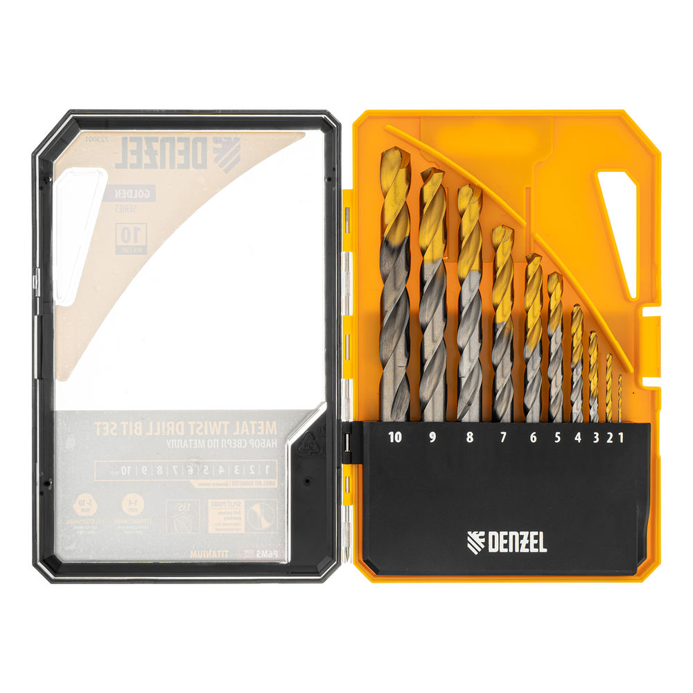 Набор сверл по металлу, 1-10 мм, Р6М5-TiN, Golden Tip, 10 шт Denzel (723001)