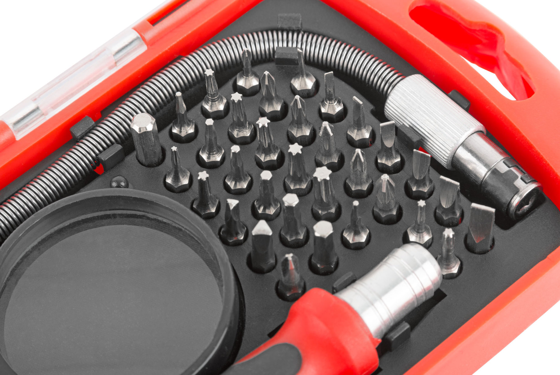 Отвертка с битами для точных работ, 33 CrV биты, гибкий переходник 175 мм, лупа, пластиковый бокс (56184)