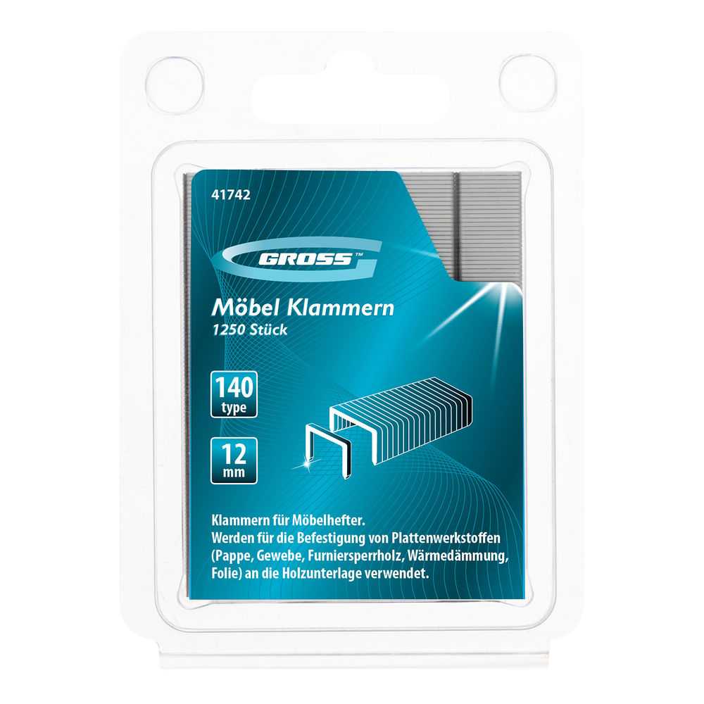 Скобы, 12 мм, для мебельного степлера, усиленные, тип 140,1250 шт Gross (41742)