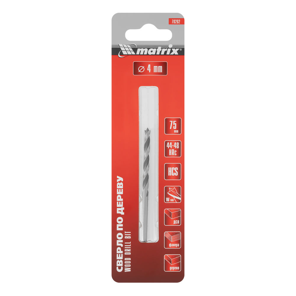 Сверло по дереву, 4 x 75 мм, цилиндрический хвостовик Matrix (70202)