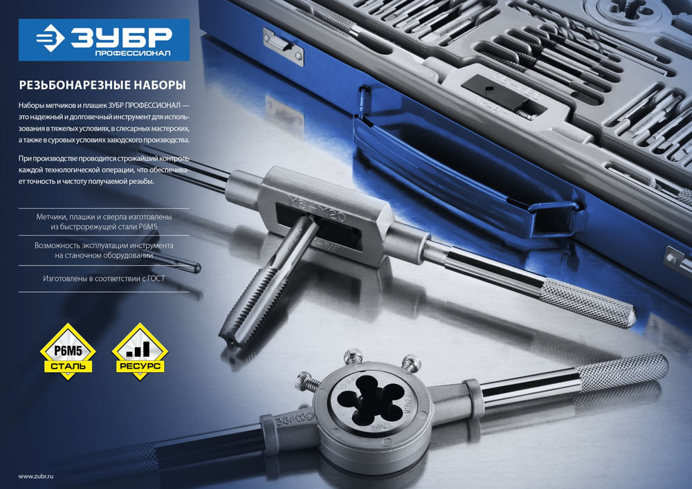 Набор метчиков и плашек 65 предметов сталь Р6М5 Профессионал ЗУБР 28110-H65