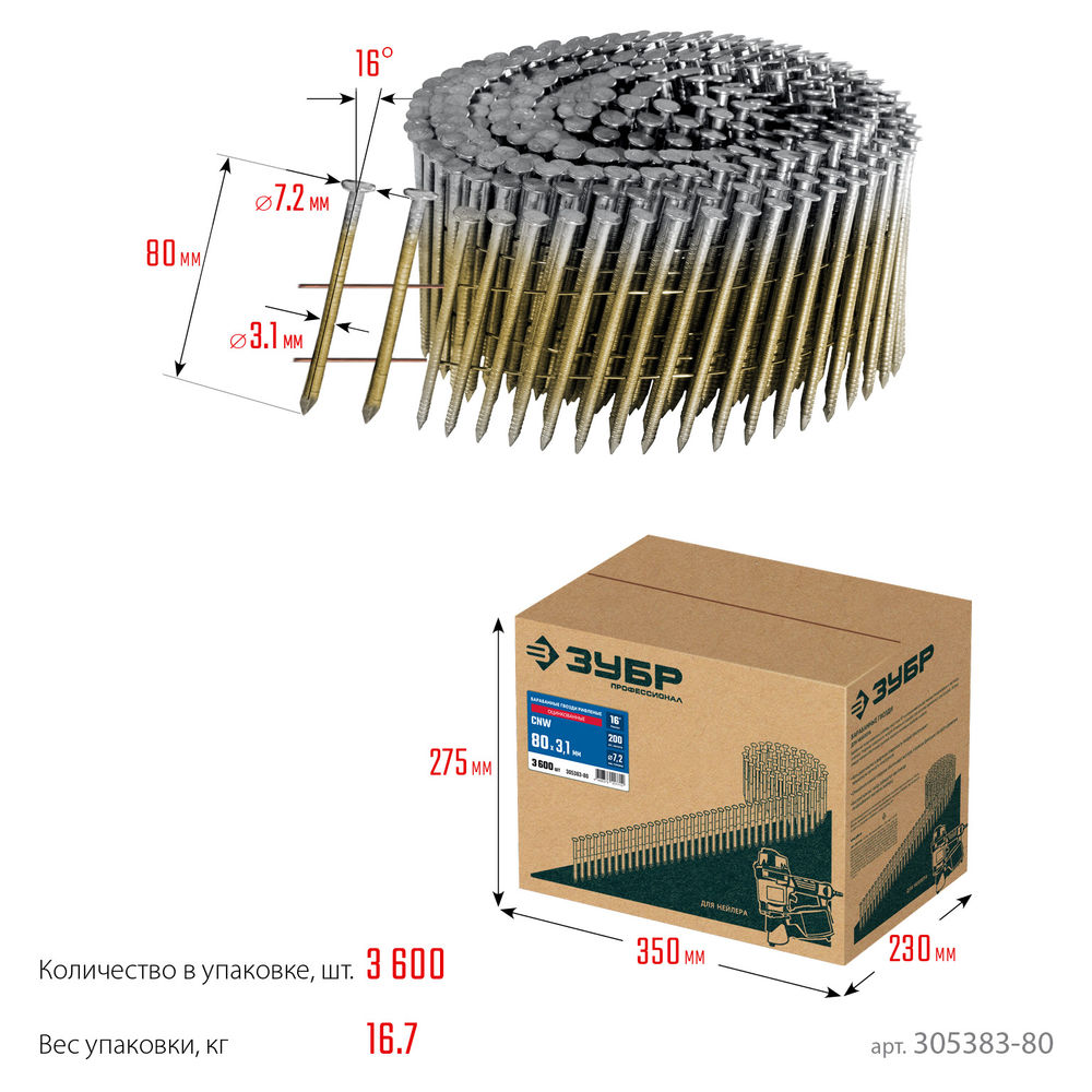 Гвозди барабанные CNW 80 x 3.1 мм, рифленые оцинкованные, 3600 шт ЗУБР 305383-80