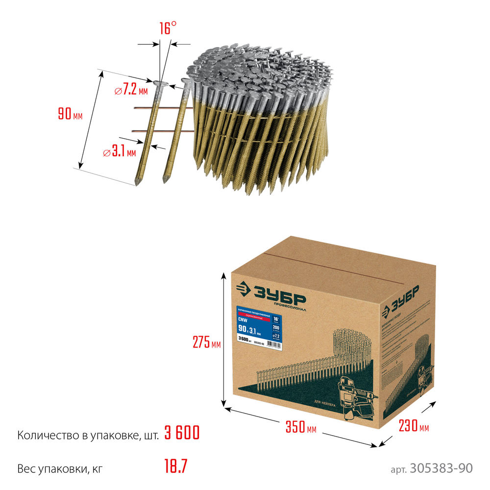 Гвозди барабанные CNW 90 x 3.1 мм, рифленые оцинкованные, 3600 шт ЗУБР 305383-90
